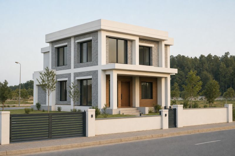 Illustration: the same house finished, with a white front, stone panels, a gate and a lawn