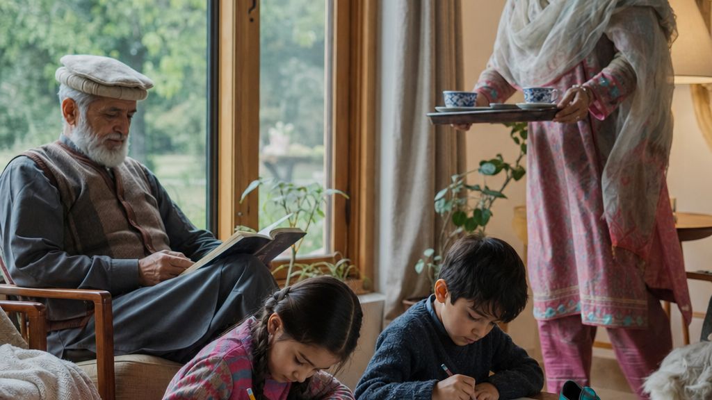 Illustration: a family at home, the grandfather reading while the children study