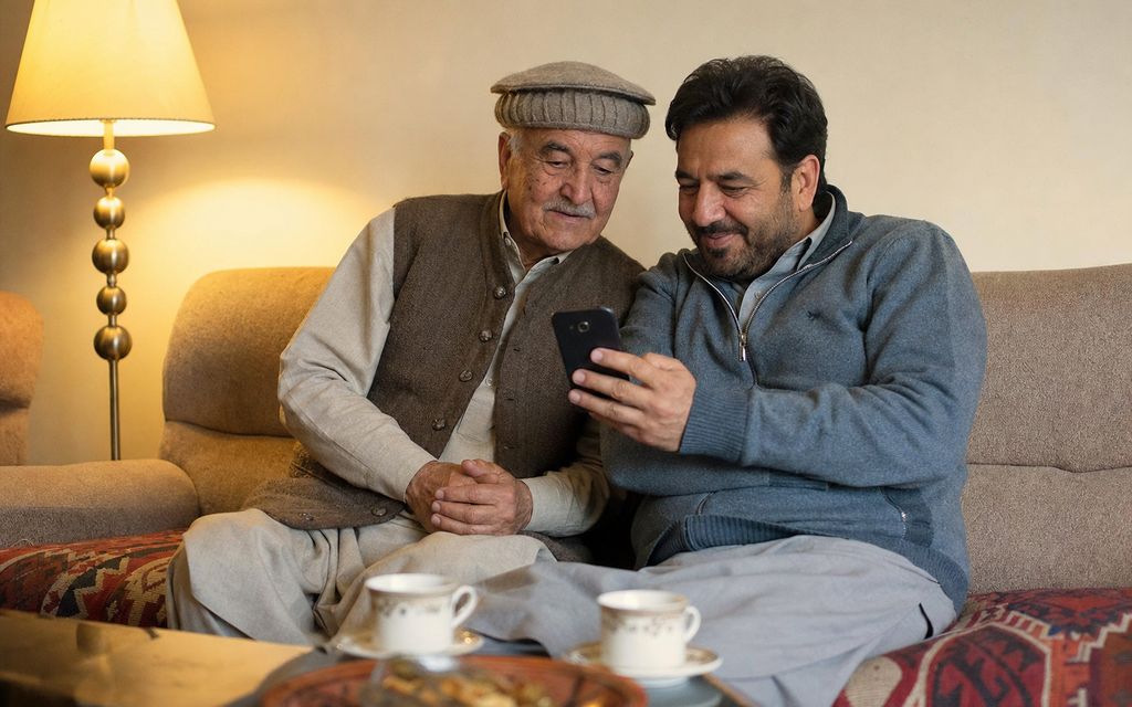 Illustration: a grandfather and his son at home, smiling at a phone
