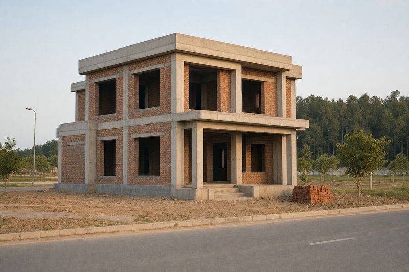 Illustration: a two-storey house at grey structure stage, brick walls and concrete frame