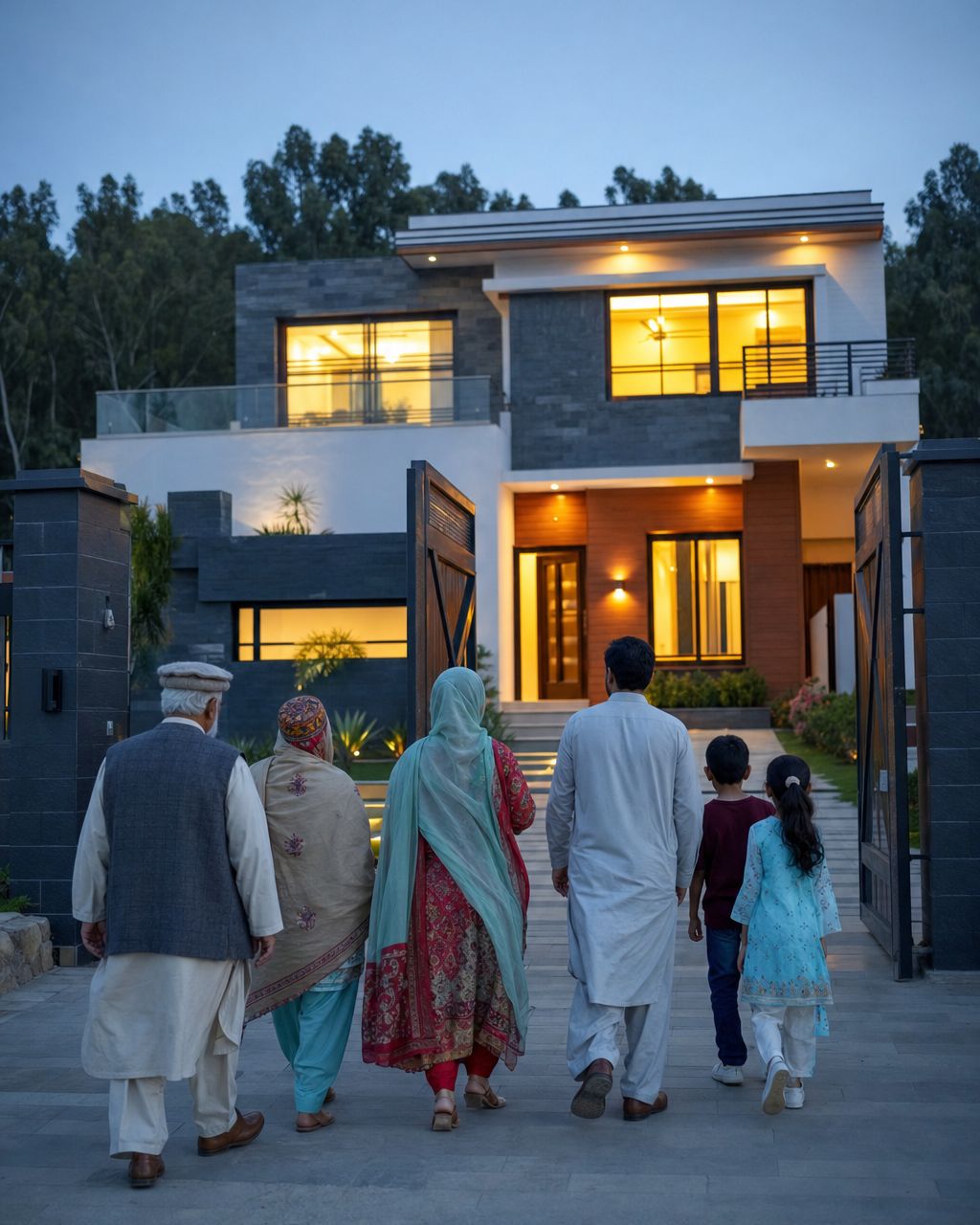 Illustration: a family walking up to their new house in the evening