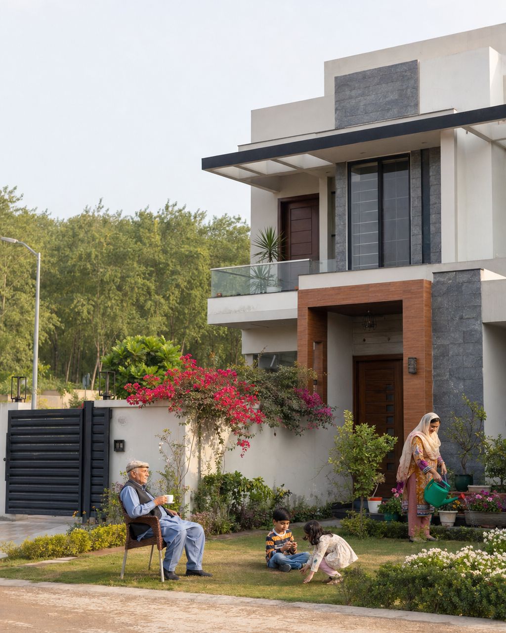 Illustration: a modern family house with a garden in Forest Town