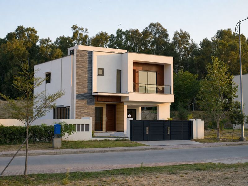 Illustration: a compact two-storey house on a 5 marla plot