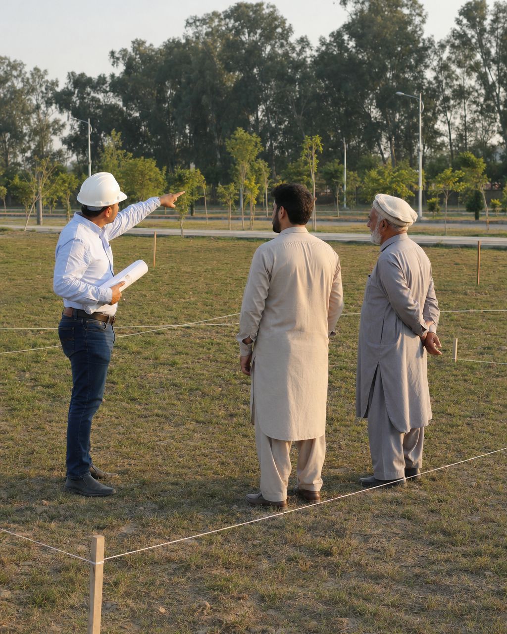 Illustration: a builder showing a family where their house will stand on a pegged-out plot